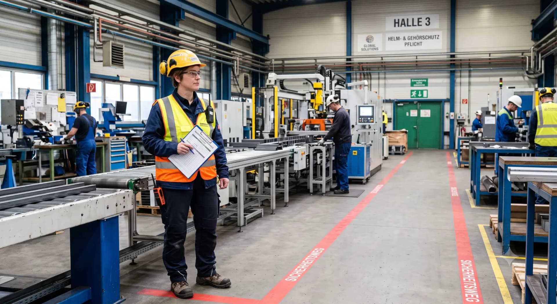 Fachkraft für Arbeitssicherheit in einer Produktionshalle